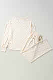 Beige Checkered Print Long Sleeve Top and Pants Lounge Set