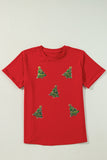 Red Sequined Christmas Tree Graphic Crewneck T Shirt